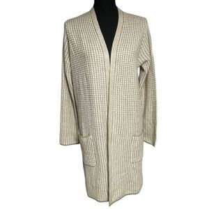 Fortune+Ivy Tan and White Knit Longline Open Front Cardigan